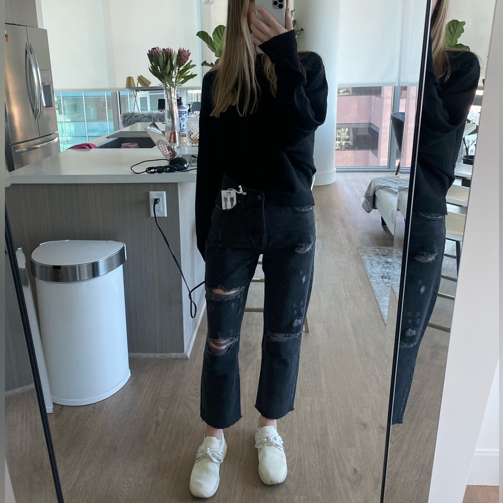 Ripped denim gray black jeans girlfriend straight leg mid-rise holey distressed